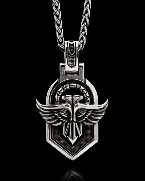Covenant Dog Tag Pendant with Double Eagles and the Word: Freedom by NightRider Jewelry - Front View