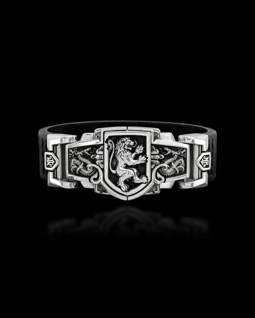 Guardian Lion Interlock Leather Bracelet by NightRider Jewelry - Front View