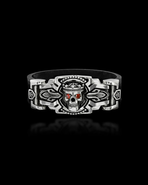 Guardian Skull Interlock Leather Bracelet by NightRider Jewelry - Front View
